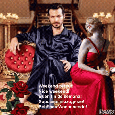 Man Sitting Next To Woman In Red Dress GIF
