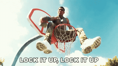 Man Sitting On Basketball Hoop Saying Lock It Up GIF