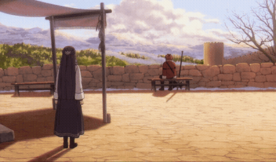 Man Sitting on Bench Woman Standing by Stone Wall