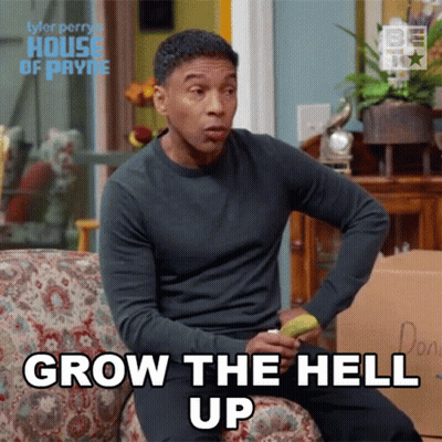 Man Sitting On Couch With Banana Saying Grow The Hell Up GIF