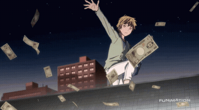 Man Sitting On Ledge With Money Falling Funimation GIF
