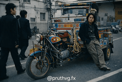 Man Sitting On Motorcycle In Front Of Goods Truck GIF