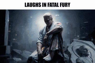 Man Sitting On Statue Laughs In Fatal Fury GIF