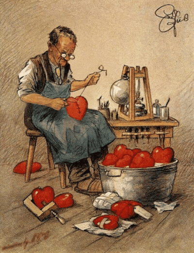 Man Sitting On Stool Sewing Heart With Letters E And G GIF