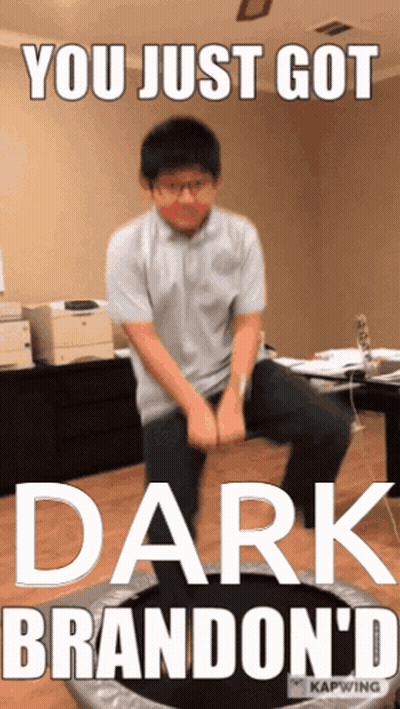 Man Sitting On Trampoline Saying You Just Got Dark Brandon GIF