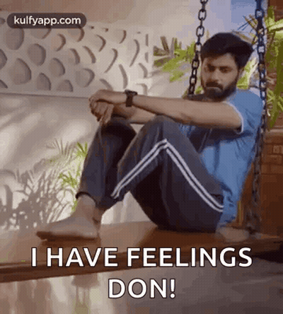 Man Sitting on Wooden Swing Saying I Have Feelings Don