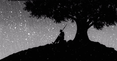 Man Sitting Under Tree On Hill With Sword GIF