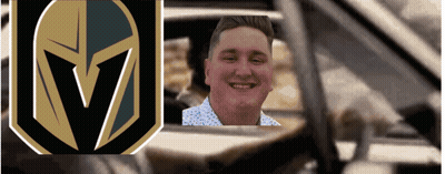 Man Smiling In Car With Golden Knights Logo GIF