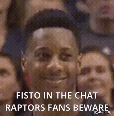 Man Smiling In Front Of Crowd Saying Fisto In The Chat Raptors Fans Beware GIF