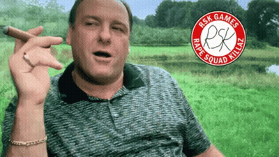 Man Smoking Cigar In Front Of RSK Games Logo GIF