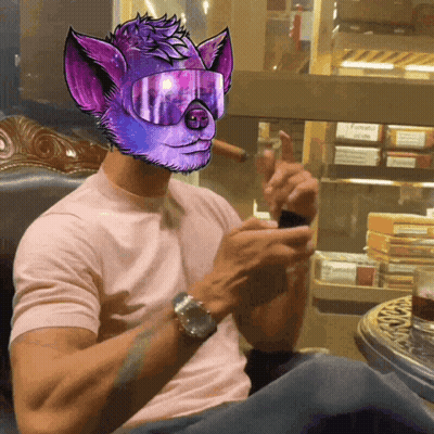 Man Smoking Cigar With Purple Cat Mask GIF