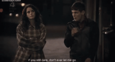 Man Smoking Cigarette Next To Woman Saying If You Still Care Don't Ever Let Me Go GIF