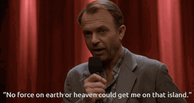 Man Speaking Into Microphone: No Force On Earth Or Heaven Could Get Me On That Island GIF