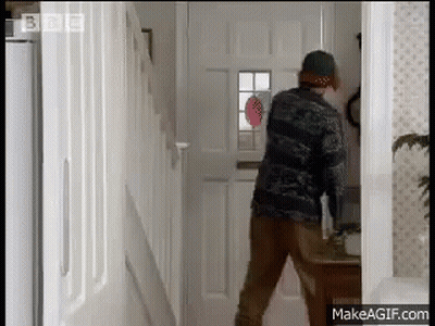Man Standing At Door Saying BBC GIF