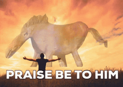 Man Standing Before Giant Horse Saying Praise Be To Him GIF