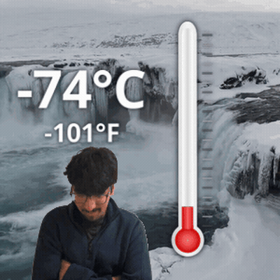 Man Standing By Waterfall With Thermometer 74°F GIF