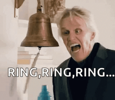 Man Standing In Front Of Bell Saying Ring Ring Ring GIF