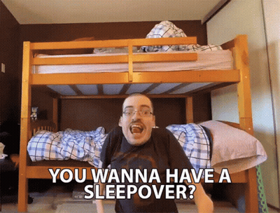 Man Standing In Front Of Bunk Bed With Sleepover Words GIF