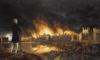 Man Standing In Front Of Burning City GIF