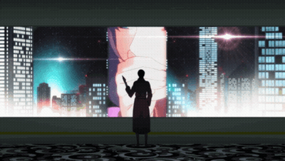 Man Standing In Front Of City Screen GIF