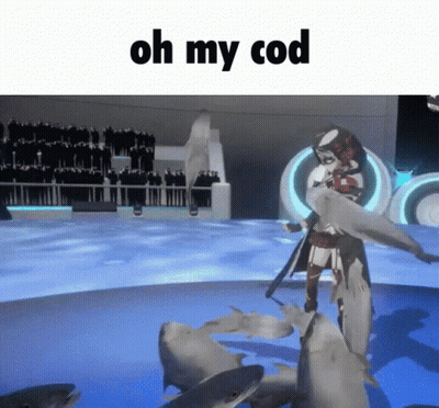 Man Standing in Front of Dolphins Saying Oh My Cod