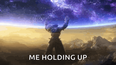 Man Standing In Front Of Galaxy With Arms Up Saying Me Holding Up GIF