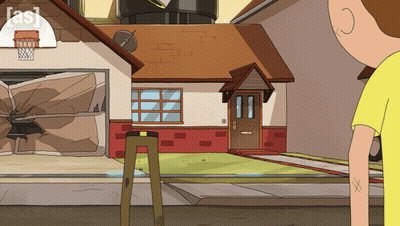 Man Standing In Front Of House With Basketball Hoop Saying As GIF