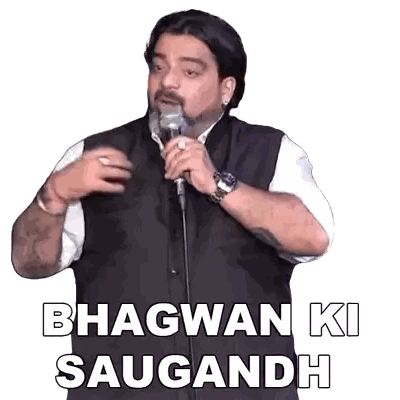 Man Standing In Front Of Microphone Saying Bhagwan Ki Saugandh Sticker
