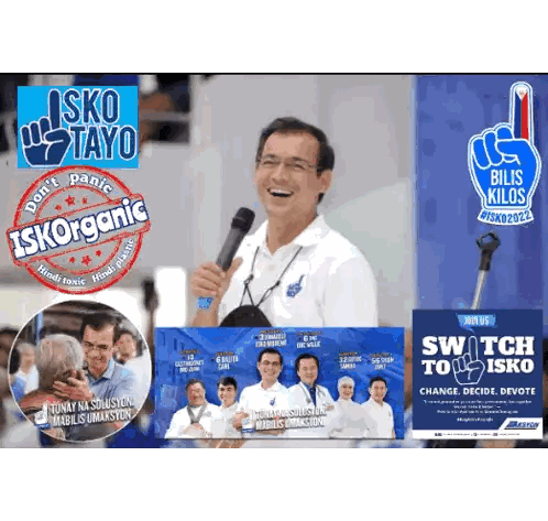Man Standing In Front Of Microphone With Switch To Isko Sign Sticker