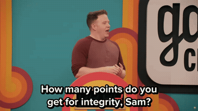 Man Standing In Front Of Sign How Many Points Do You Get For Integrity GIF