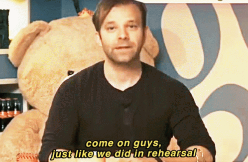 Man Standing In Front Of Teddy Bear Saying Come On Guys GIF