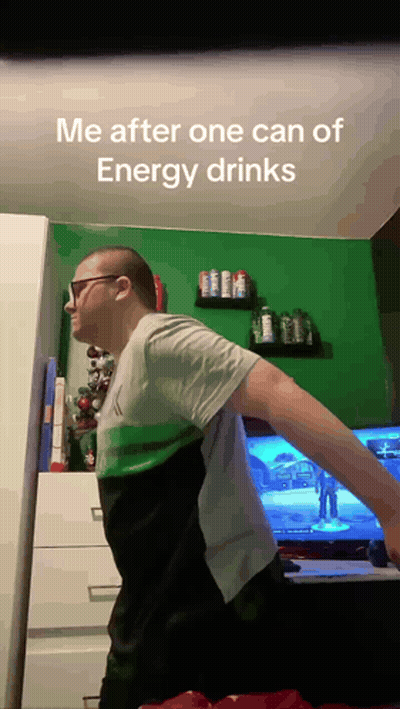Man Standing In Front Of TV Me After One Can Of Energy Drinks GIF