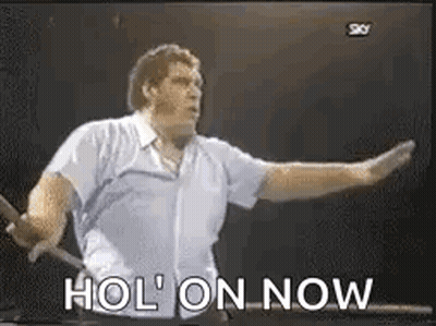 Man Standing In Front Of TV With Arms Outstretched Saying Hol On Now GIF
