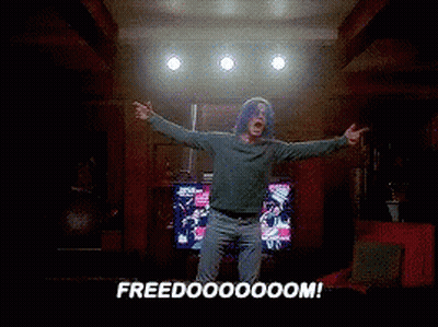 Man Standing In Front Of TV With Arms Outstretched Screen Saying Freedoooooom GIF