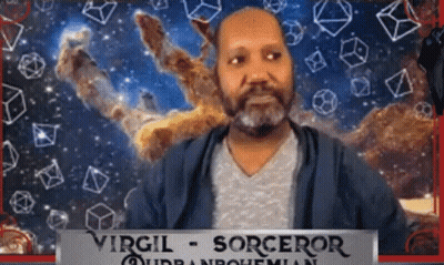 Man Standing In Front Of Virgil Sorceror Sign GIF