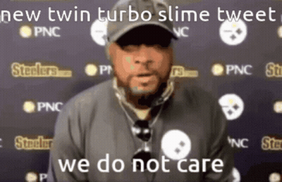 Man Standing In Front Of Wall Saying New Twin Turbo Slime Tweet We Do Not Care GIF