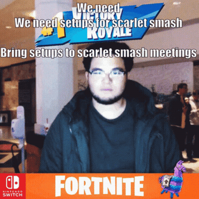 Man Standing In Front Of We Need Setups For Scarlet Smash Royale Sign GIF