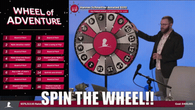 Man Standing in Front of Wheel of Adventure Game