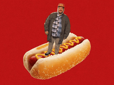 Man Standing In Hot Dog With Mustard GIF