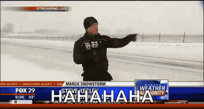 Man Standing In Snow With Fox 29 Weather Alert GIF