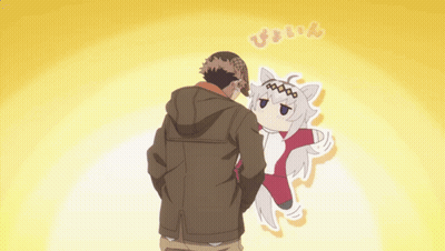 Man Standing Next To Cartoon Character With Cat Ears GIF