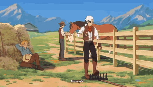 Man Standing Next To Horse Holding Rake Says Dawn Again GIF