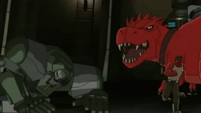 Man Standing Next To Large Red Dinosaur GIF