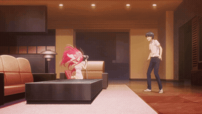 Man Standing Next To Pink-Haired Girl GIF