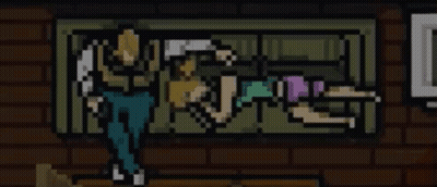Man Standing Next To Woman Laying On Couch Pixel Art GIF