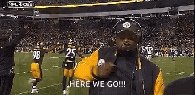 Man Standing On Football Field With Microphone Saying Here We Go GIF
