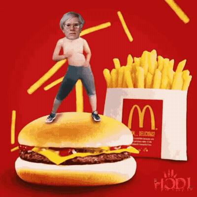 Man Standing On McDonald's Hamburger Next To French Fries GIF