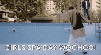 Man Standing On Pool Saying Girls Spa Day Woohoo GIF