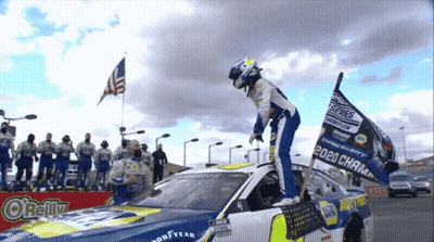 Man Standing On Race Car With 2020 Champion Flag GIF