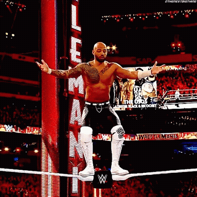 Man Standing On Rope In Wrestling Ring With Arms Up GIF